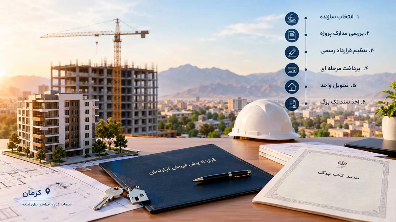 مراحل خرید آپارتمان پیش فروش در کرمان؛ از انتخاب سازنده تا سند تک برگ